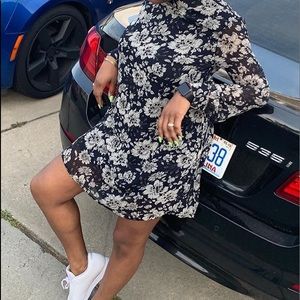 Navy Floral Mesh Sleeve Dress